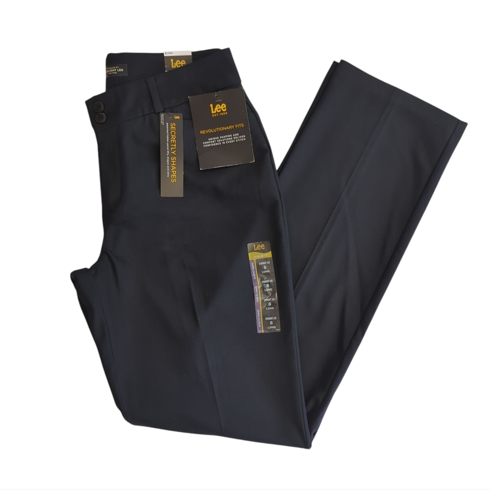 NWT Lee Mid-Rise Secretly Shapes Regular Fit Straight Leg Pants 8 Long Black